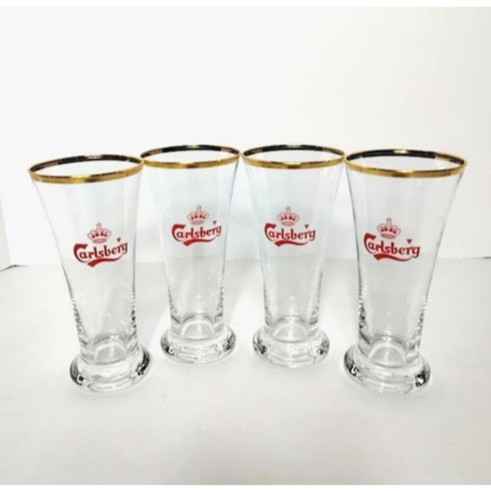 Set of 4 Vintage Carlsberg Pilsner Beer Glasses Red Crown Logo Gold Rim